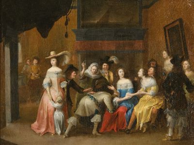 peinture d'un groupe de personnes assises autour d'une table dans une pièce