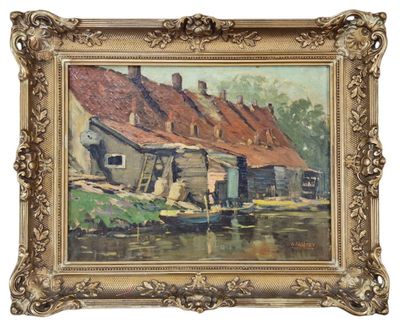 an oil painting of a village scene with a boat in the water