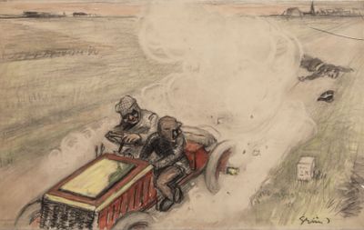 drawing of two men driving a red truck on a dirt road
