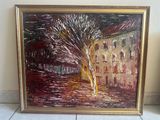 a painting of a tree in front of a building