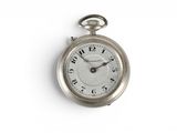 a silver pocket watch with roman numerals on the face