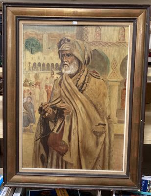 painting of a man in a turban holding a purse in a library