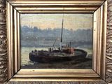 peinture d'un bateau sur un plan d'eau avec une ville en arrière-plan