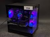 a black computer case with purple and blue lights