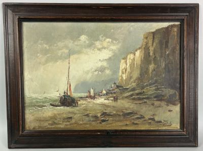 a picture of a painting of a boat on the beach