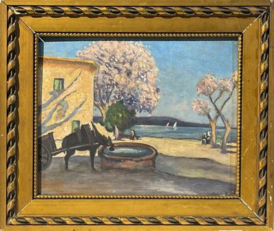 tableau représentant une calèche devant une maison au bord de l'eau