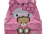 a pink teddy bear backpack with a hello kitty on it