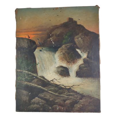 an old painting of a dog standing in front of a waterfall