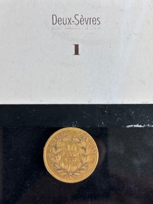 un gros plan sur une pièce d'or dans une vitrine