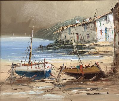 two boats that are sitting on the sand by the water