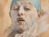painting of a woman with a blue head scarf and a blue turban