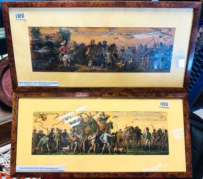 deux photos encadrées représentant des militaires, exposées dans un magasin