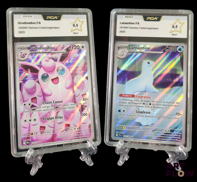 two pokemon cards on display on a black background