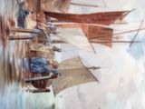 painting of a group of boats floating on top of a body of water