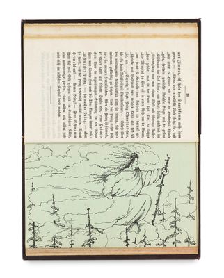 an open book with a drawing of a woman walking in the woods