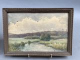 a painting of a river in a field with a sky background