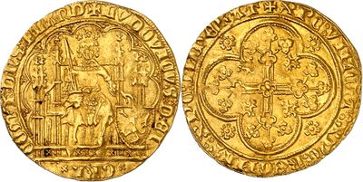 a gold coin with an image of a man holding a cross