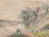peinture représentant un paysage avec des arbres et une rivière au loin