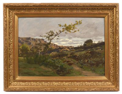 a painting of a landscape with a tree in the foreground and hills in the background