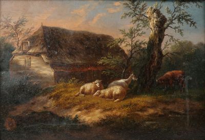 un tableau représentant des moutons dans un champ près d'une maison