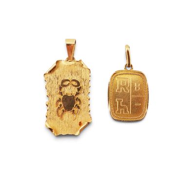 two gold pendants with a zodiac sign on the front and a zodiac sign on the back