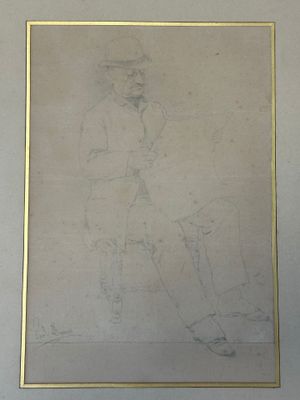 dessin représentant un homme assis sur un banc, coiffé d'un chapeau