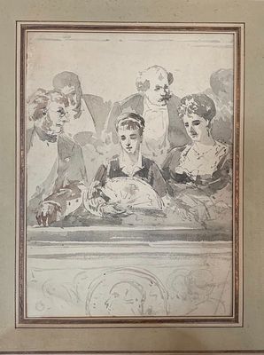 ECOLE FRANCAISE (XIXe), « La loge au théâtre », Encre et lavis d’encre - Photo 1