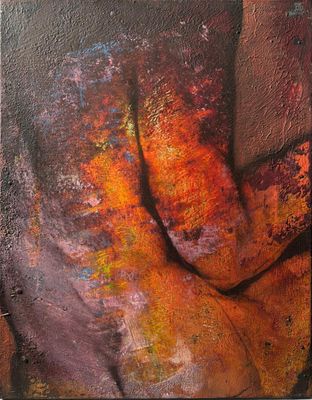 abstract painting of a woman ' s torso with orange and yellow colors