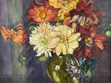 a painting of flowers in a green vase on a table
