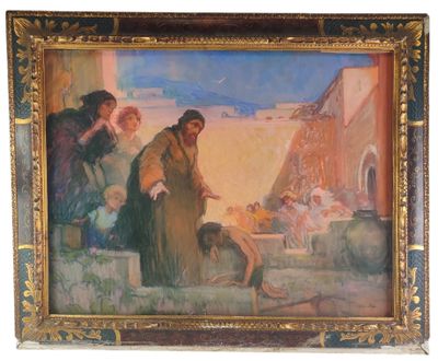 tableau représentant un homme et une femme devant un groupe de personnes