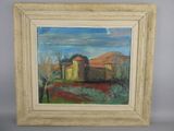 a painting of a house in a field with mountains in the background