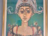 painting of a woman wearing a hat with a bird on top of her head