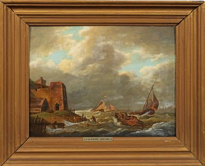 une peinture à l'huile représentant un bateau sur une mer agitée, avec un château en arrière-plan