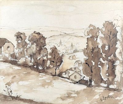 a painting of a view of a rural area with trees