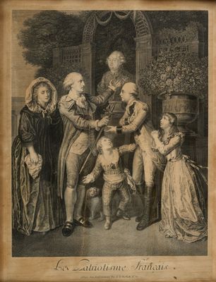 an old picture of a family gathering in a room