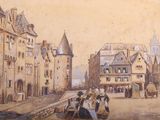 une peinture représentant une scène de rue avec des personnes marchant sur le trottoir