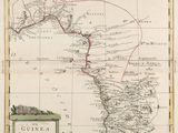 une vieille carte des Amériques avec une ligne rouge au milieu