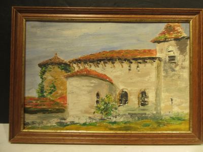 an oil painting of a building with a red roof and a brown frame