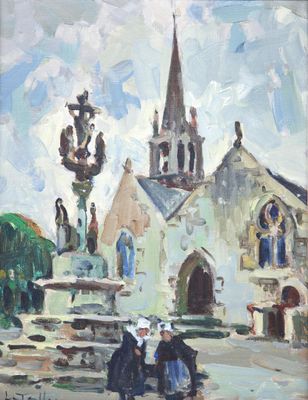 an oil painting of two people walking in front of a church