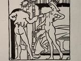 drawing of a man and a woman standing in front of a window