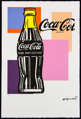 une peinture représentant une bouteille de Coca-Cola sur un fond coloré