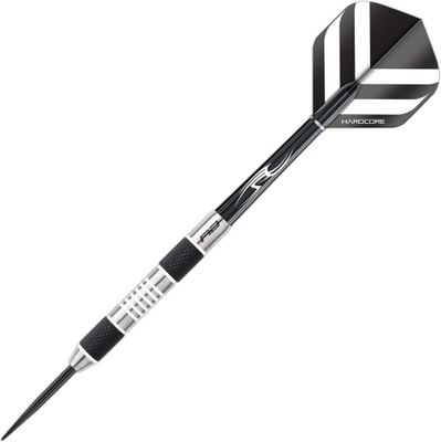 a close up of a black and white dart on a white background