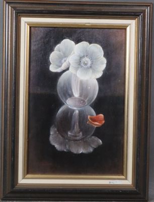 painting of a vase with flowers in it on a table