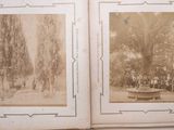 two old black and white photos of a park with a fountain