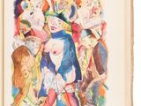 an open book with a drawing of a group of people on it