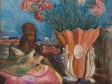 une peinture à l'huile représentant une femme assise sur une table, à côté d'un vase de fleurs