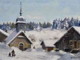 tableau représentant un village sous la neige, avec une église en arrière-plan