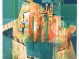 an image of a painting of a building with people in it