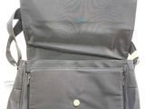 grey nylon messenger bag with zippers and zipper closures