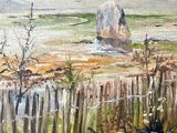 une peinture à l'huile représentant une vue d'une plage avec un rocher au loin